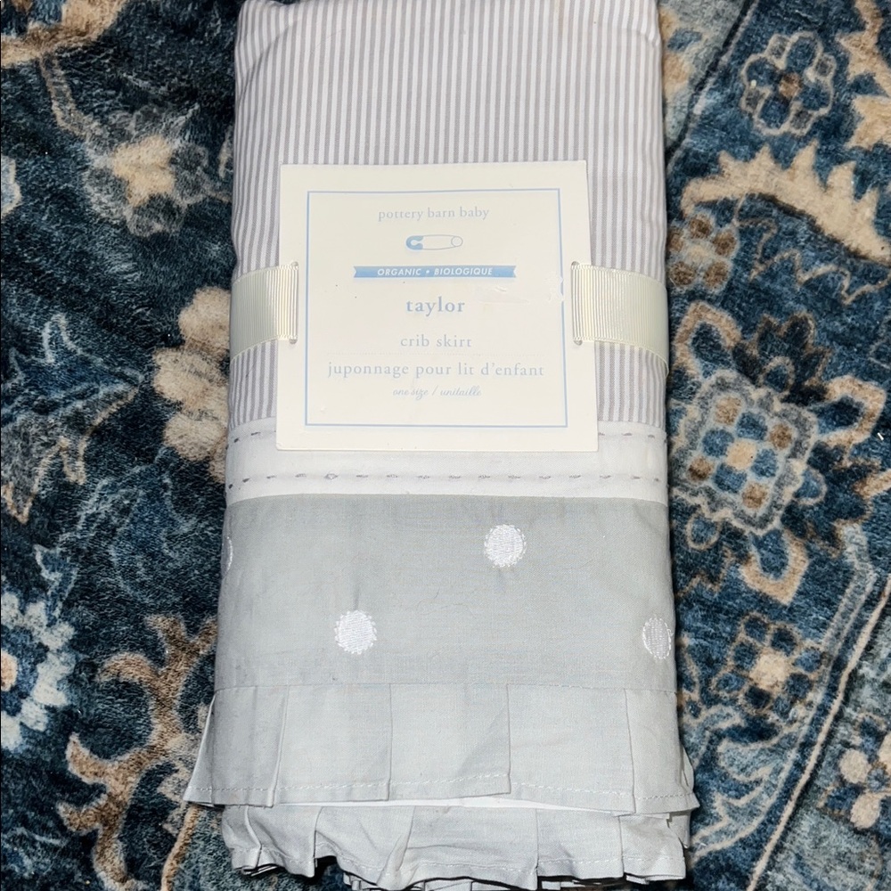 Pottery Barn Baby Organic Taylor  Grey White Polka Dot Striped Crib Skirt NIP